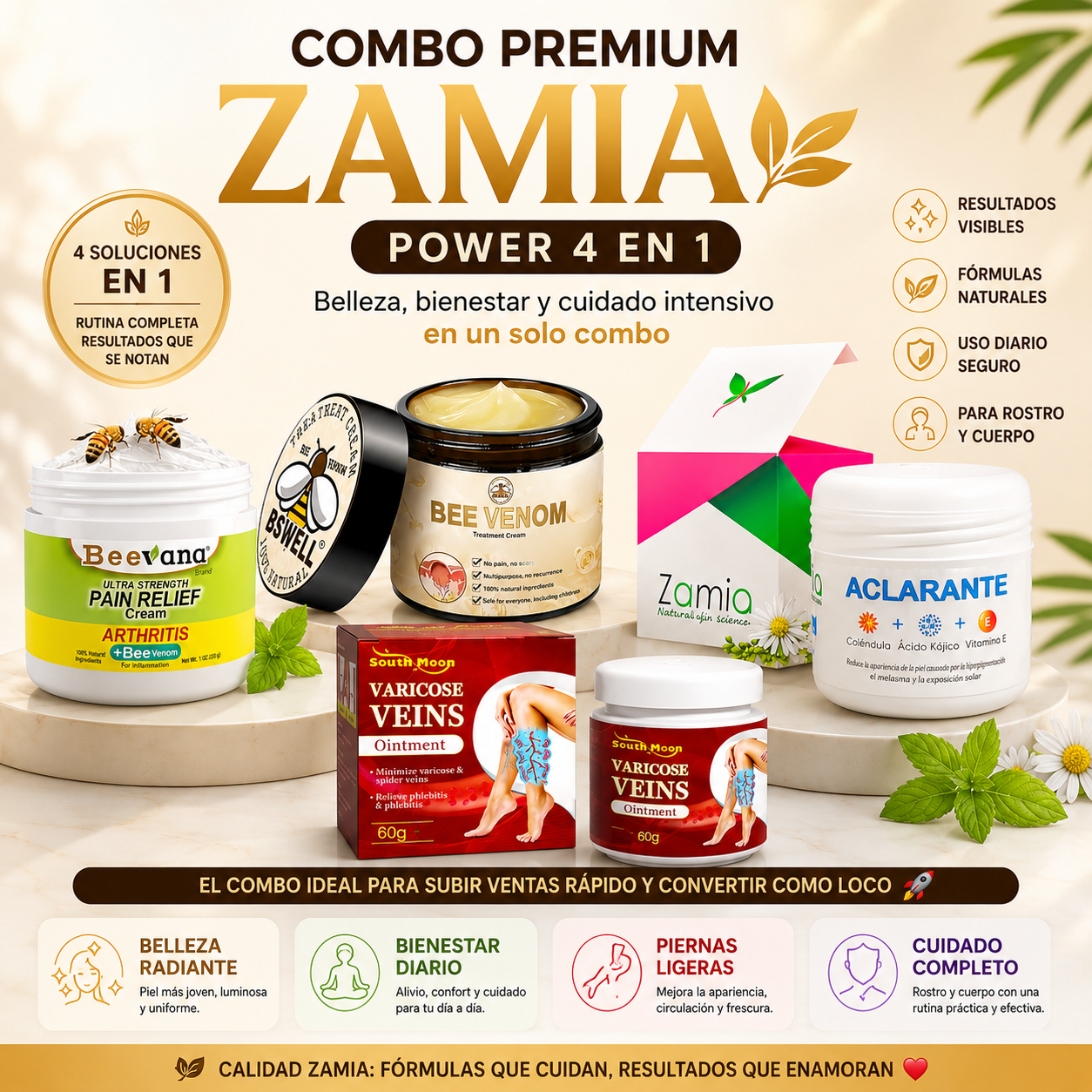 Combo Premium Zamia Power | Bee Venom + Beevana + Crema para Várices + Crema Aclarante Original