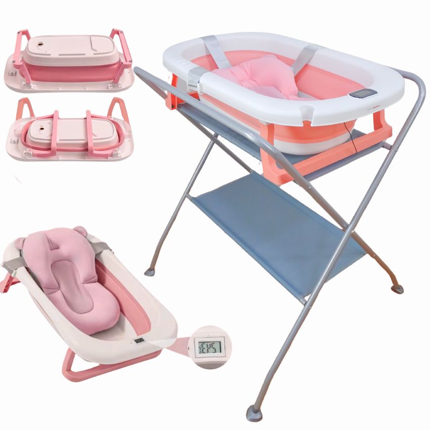 Bañera Plegable + Soporte de Altura + Cojín Acolchado Antideslizante (Set 3 en 1)