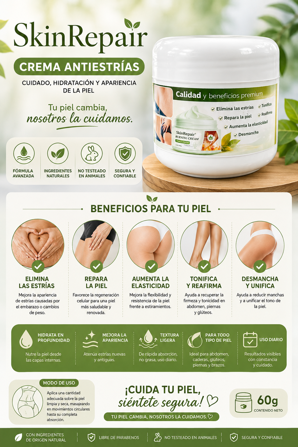 Crema Antiestrías SkinRepair 60 g | Cuidado, Hidratación y Apariencia de la Piel