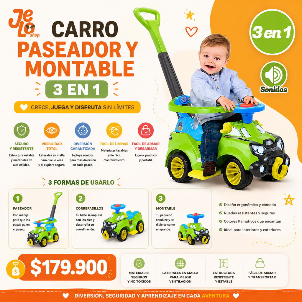 Carro Paseador Y Montable 3 En 1