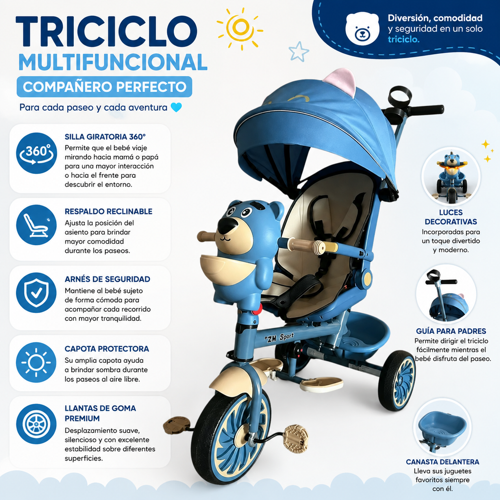 Triciclo Paseador Infantil Multifuncional Osito Giratorio 360°