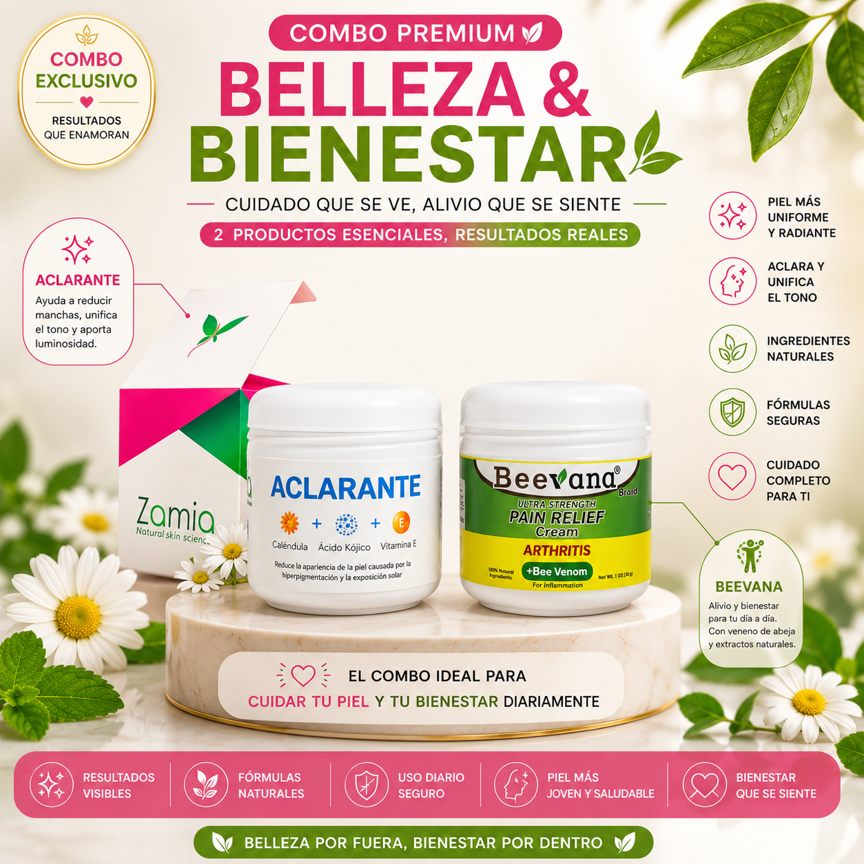 Combo Premium Zamia Power | Bee Venom + Beevana + Crema para Várices + Crema Aclarante Original